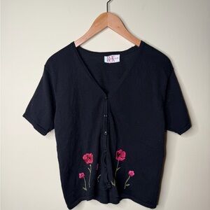 Vintage 80s 90s Short Sleeve Button Cardigan Black Embroidered Floral Pink Red